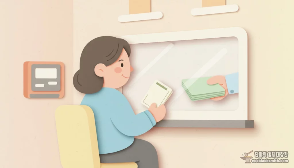 주민센터에서 기초연금 계산방법 상담을 받는 중년 여성 모습