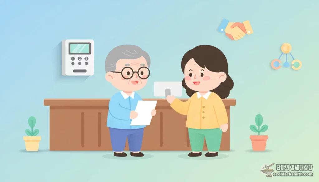 기초연금 감액 계산을 위해 주민센터에서 상담하는 어르신의 모습