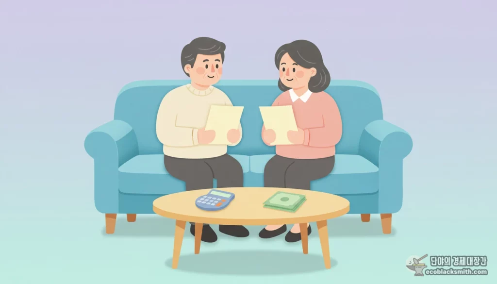 부부가 함께 국민연금 연금 선택 방법을 상의하며 서류를 살펴보는 모습