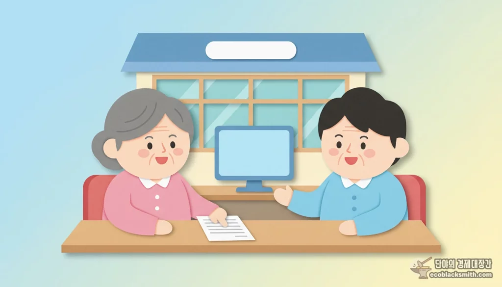 주민센터 민원 창구에서 기초연금 소득인정액 계산 방법을 상담 중인 한국인 여성