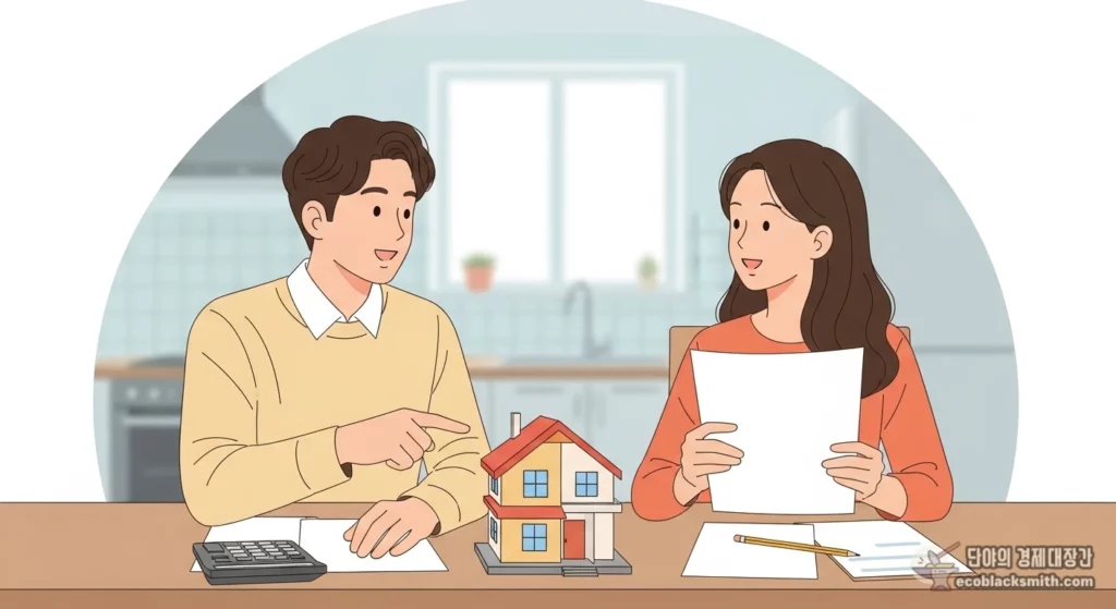 부부가 집 모형을 두고 자가 주택의 재산 반영 방식에 대해 상의하는 모습의 플랫 일러스트