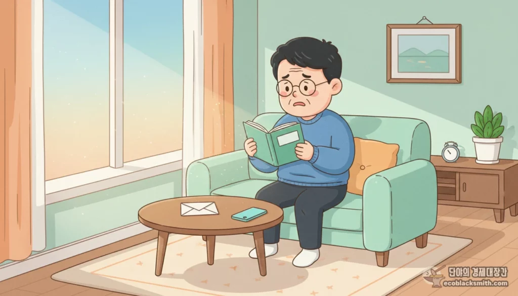 아파트 거실에서 행복지킴이통장을 확인하는 기초수급자 남성