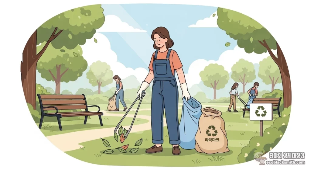 자활근로 참여자가 공원에서 환경정비 작업을 하는 보람찬 모습을 담은 플랫 일러스트