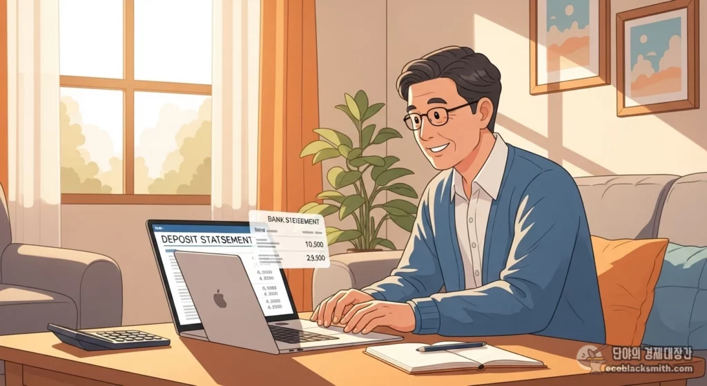 자활근로 급여가 입금되어 통장을 확인하며 안도하는 참여자의 모습을 담은 플랫 일러스트