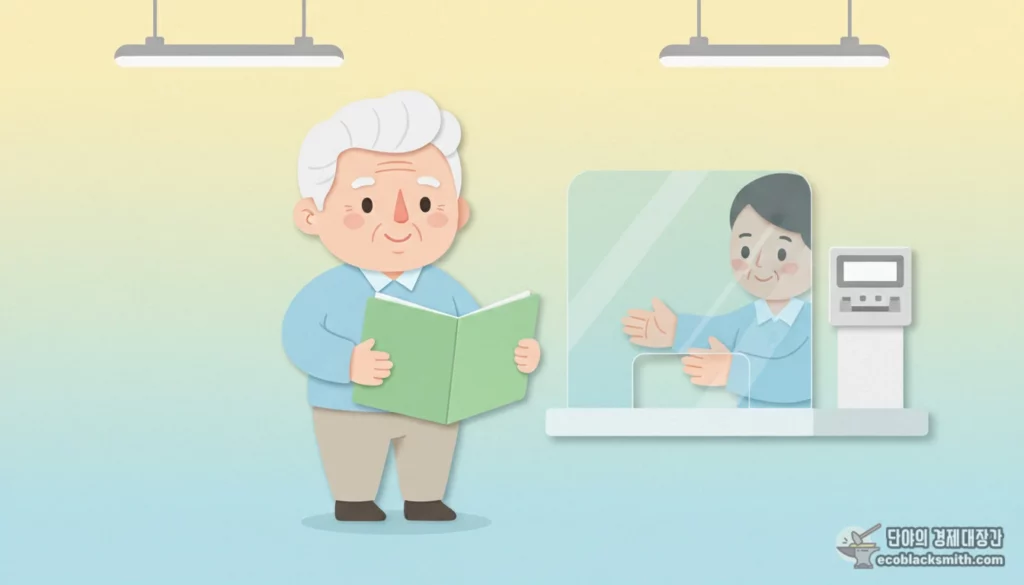 주민센터에서 기초연금 통장잔액 한도를 상담받는 한국인 남성