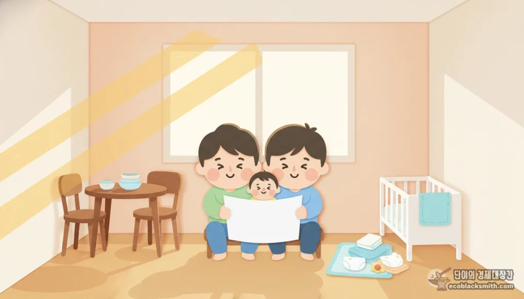 긴급생계지원 금액 통지를 확인하며 안도하는 젊은 가족의 모습