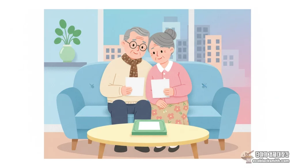 부부가 함께 기초연금 부부감액 관련 서류를 살펴보며 상담 준비를 하는 모습
