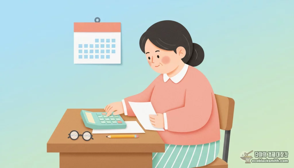 유족연금 금액을 계산하기 위해 책상에서 계산기를 두드리는 모습