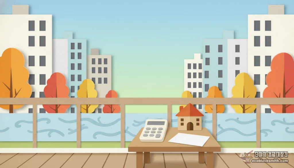 기초연금 재산기준 환산을 상징하는 아파트 단지 베란다 위 집 모형과 계산기