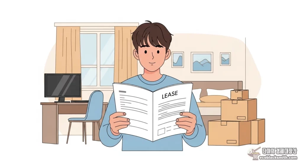 청년이 원룸에서 전세 보증금 관련 서류를 확인하는 모습의 플랫 일러스트