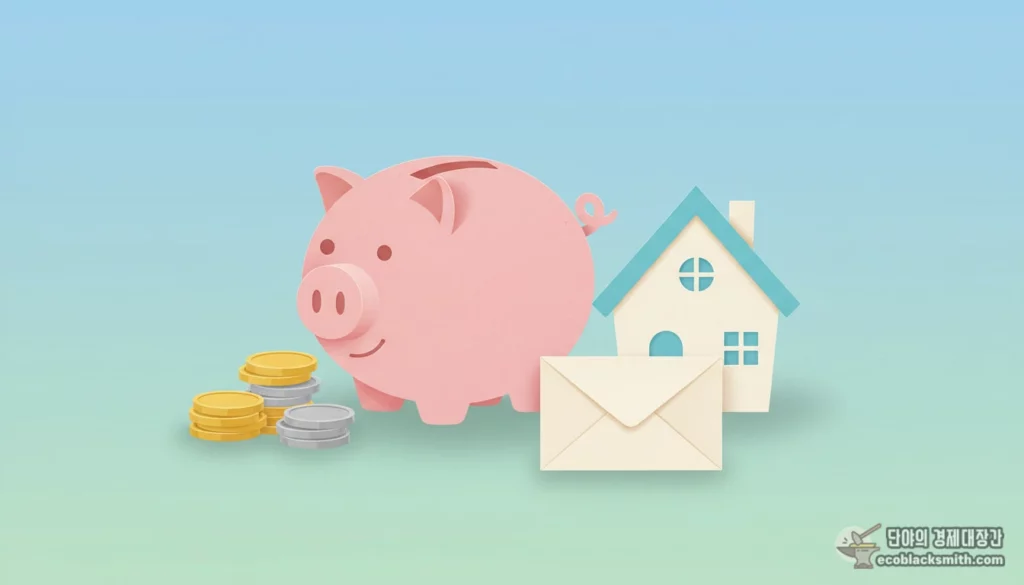 2026년 기초연금 수급 조건을 상징하는 저금통과 집 모형이 놓인 따뜻한 정물 구성