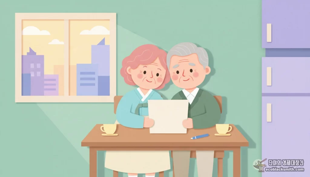 기초연금 금융재산 조사를 준비하며 서류를 확인하는 한국인 노부부