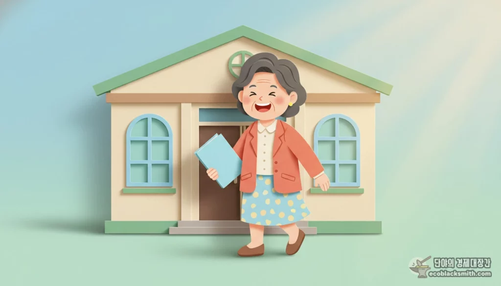 밝은 표정으로 기초연금 신청을 위해 주민센터로 향하는 한국인 어르신