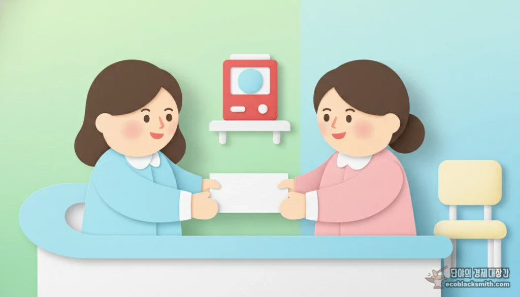 긴급생계비 신청방법에 따라 주민센터 창구에서 서류를 접수하는 장면