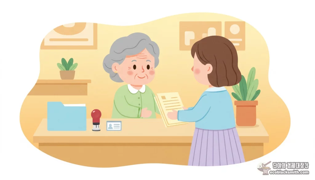 주민센터에서 압류 금지 한도 상담을 받는 노년 여성