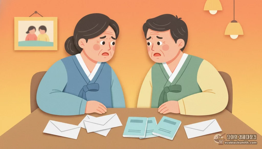 기초연금 감액 가능성을 고민하며 대화하는 중년 부부의 거실 풍경