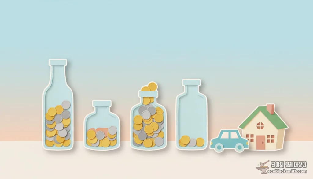 재산 종류별 소득환산율 차이를 상징하는 서로 다른 높이의 동전 유리병 장면