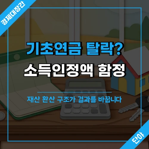 기초연금 소득인정액 계산에 영향을 미치는 재산 항목을 상징하는 통장과 집 모형 위에 '기초연금 탈락? 소득인정액 함정' 문구가 표시된 섬네일
