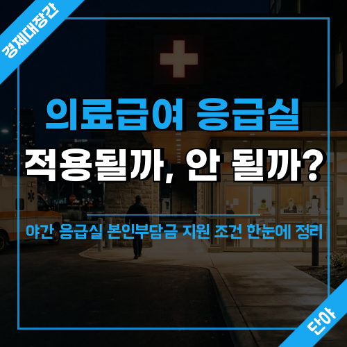 야간 응급실 입구 풍경 위에 의료급여 응급실 적용 조건 안내 문구가 표시된 섬네일