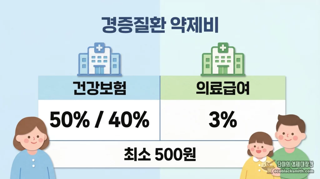 기초수급자 약값 부담률을 건강보험과 의료급여로 나눠 비교한 정보 카드