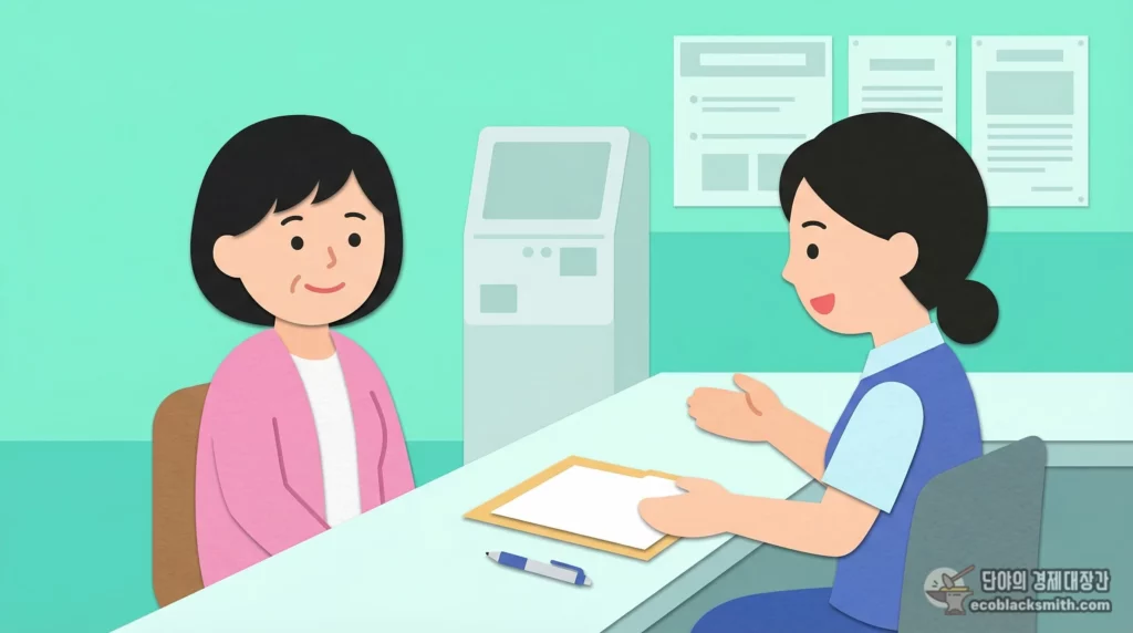 의료급여 수급권자 조건을 확인하기 위해 주민센터에서 상담받는 장면
