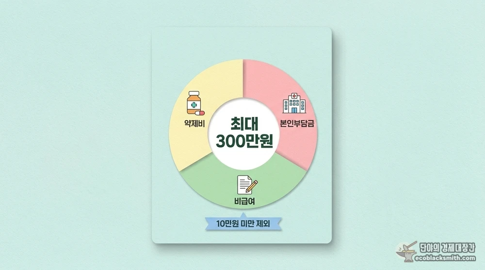 의료지원 지원 금액 300만원 한도와 약제비·본인부담금·비급여 지원 범위 도식
