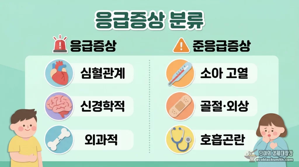 응급증상과 준응급증상을 주요 항목별로 비교 분류한 요약