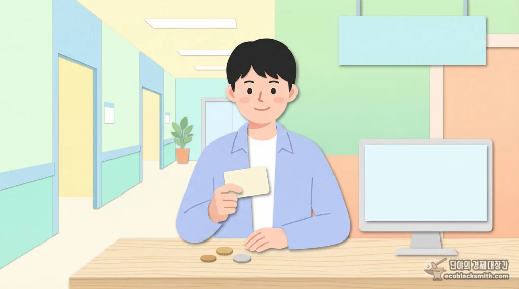 의료급여 본인부담금을 확인하며 병원 접수창구에서 카드를 내미는 모습