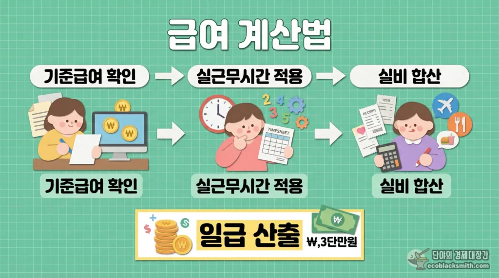 자활근로 월급 계산 과정을 기준급여 확인부터 실비 합산까지 단계별로 보여주는 흐름도