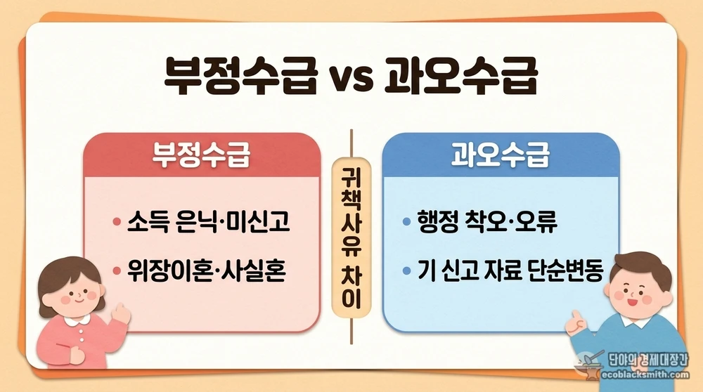 한부모 부정수급과 과오수급의 귀책사유와 유형 차이를 비교한 도식