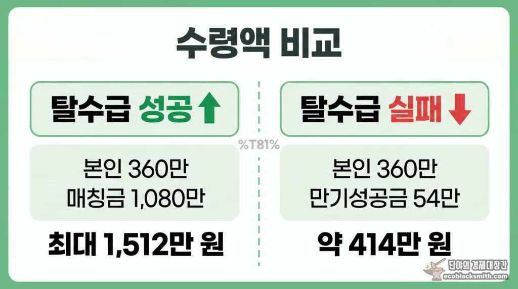 탈수급 성공과 실패에 따른 희망저축계좌1 매칭금 수령액 차이 비교