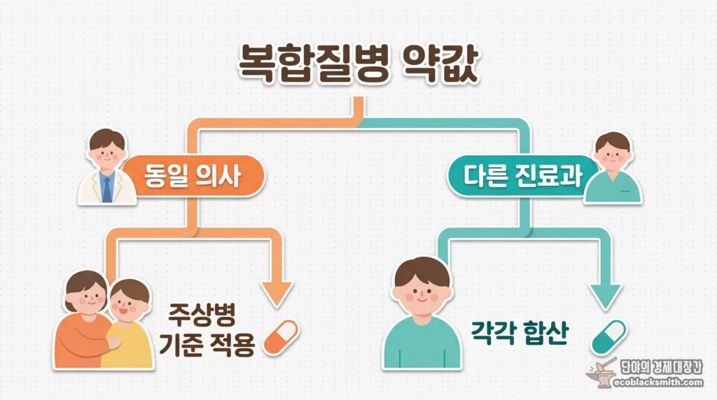 경증질환과 일반 질환 동시 진료 시 약제비 계산 흐름을 보여주는 도식