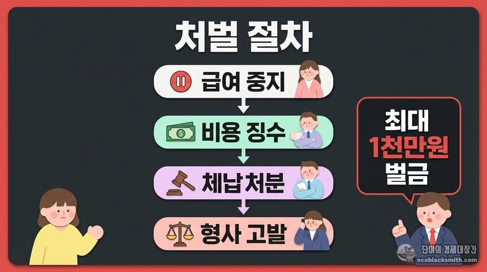 한부모 부정수급 적발 시 급여 중지부터 형사 고발까지의 처벌 절차 흐름도