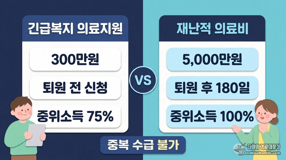 긴급복지 의료지원과 재난적 의료비 지원사업의 지원 금액·신청 시기·소득 기준 비교