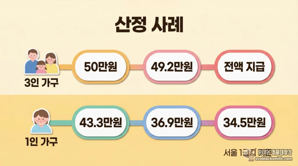 서울 거주 3인 가구와 1인 가구의 임차급여 산정 과정을 단계별로 비교한 사례