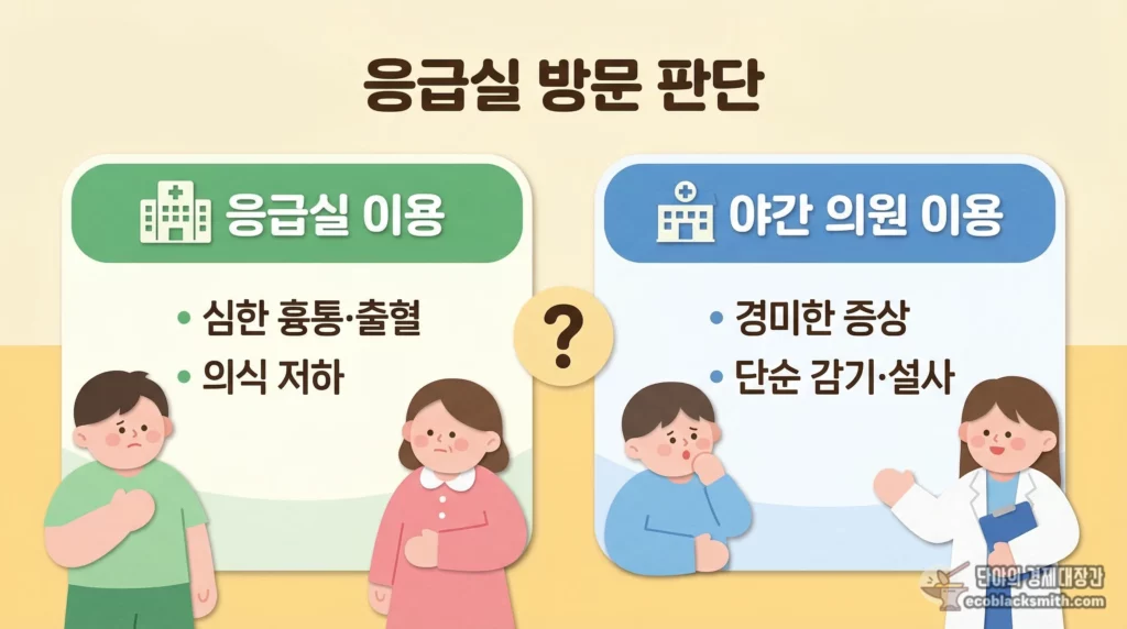 야간 응급실과 의원 이용을 증상별로 비교한 방문 판단 기준 요약