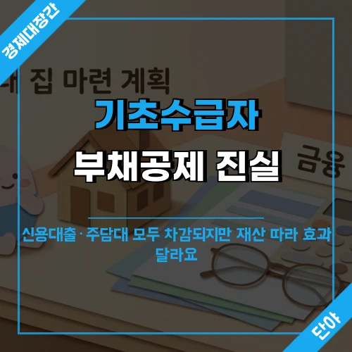 주택 모형과 계산기가 놓인 책상 위에 부채공제 안내 문구가 강조된 기초수급자 정보 섬네일