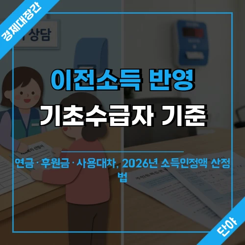 기초수급자 이전소득 반영 기준 안내 문구가 적힌 복지 상담 창구 배경 섬네일