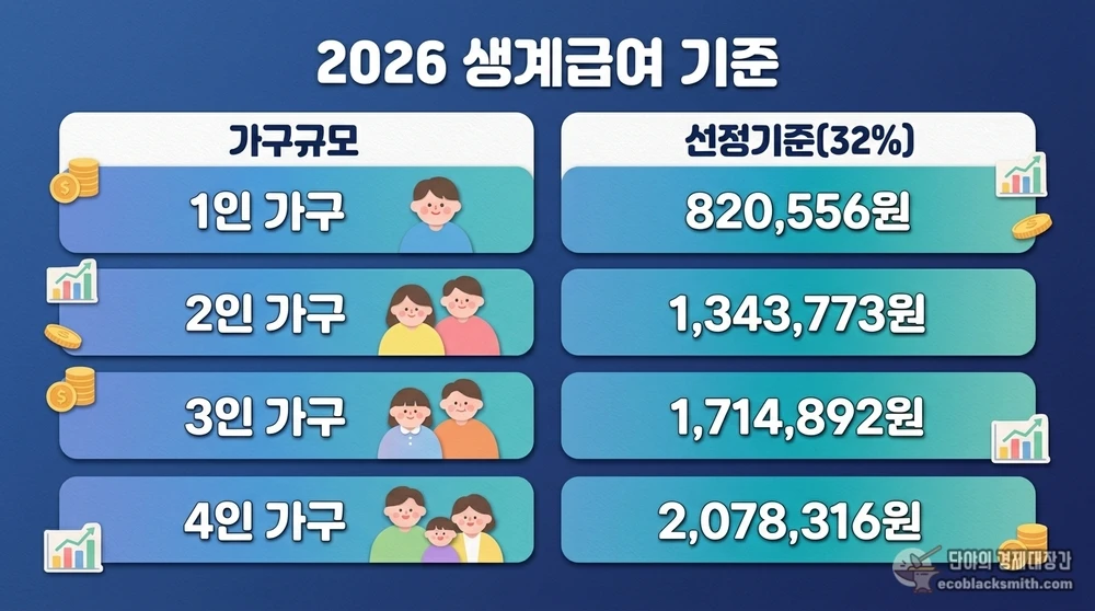 2026년 가구규모별 생계급여 선정기준 금액을 정리한 기준 중위소득 32% 기반 요약