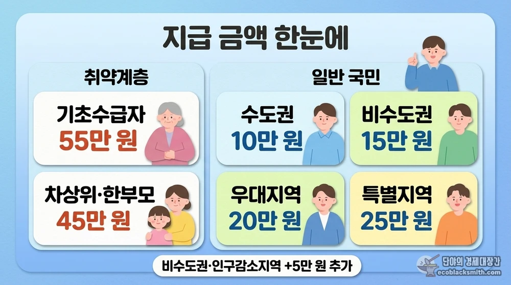 고유가 피해지원금 지급 금액을 취약계층과 일반 국민 구분으로 정리한 지역별 차등 지급 안내