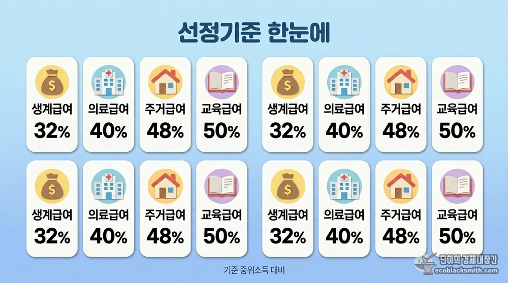 2026년 기초수급자 생계·의료·주거·교육급여 선정기준을 기준 중위소득 비율로 정리