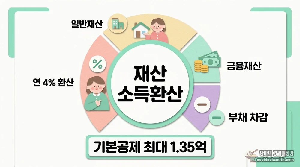 기초연금 재산 소득환산 구조를 일반재산 금융재산 부채 환산율로 구분한 도식