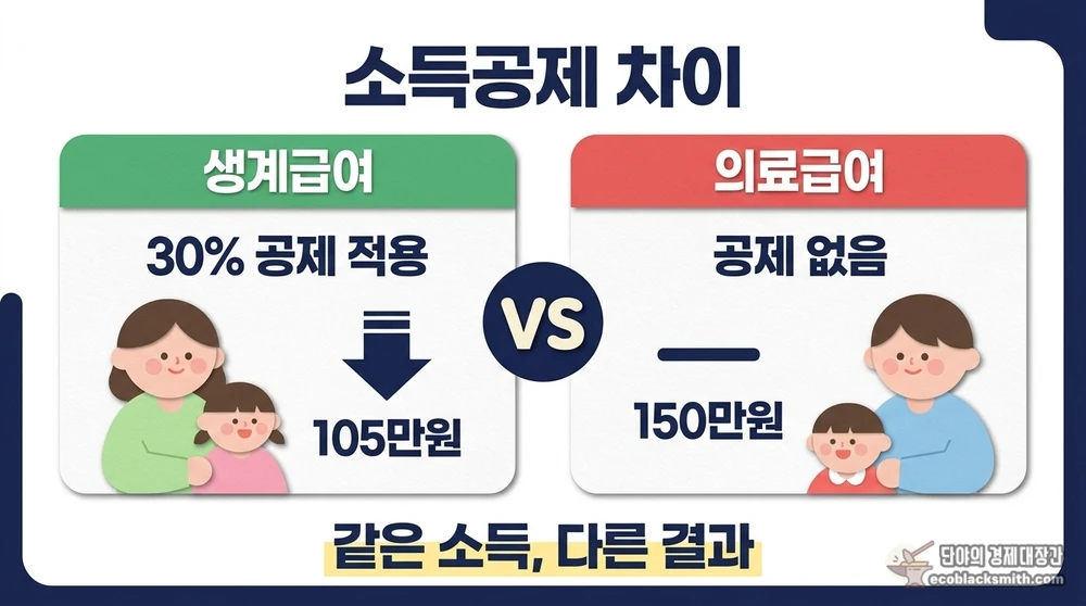 생계급여와 의료급여의 근로소득공제 적용 여부 비교