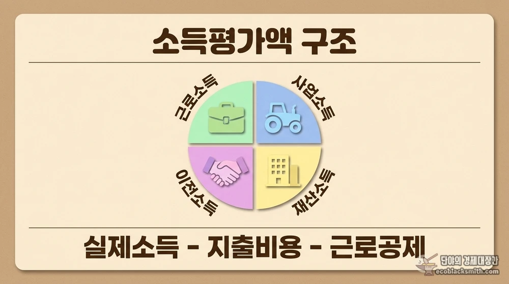 소득평가액 산정에 포함되는 근로·사업·재산·이전소득 네 가지 유형과 계산 구조