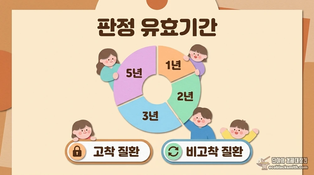근로능력 없음 판정의 유효기간을 고착 여부에 따라 구분한 기준표