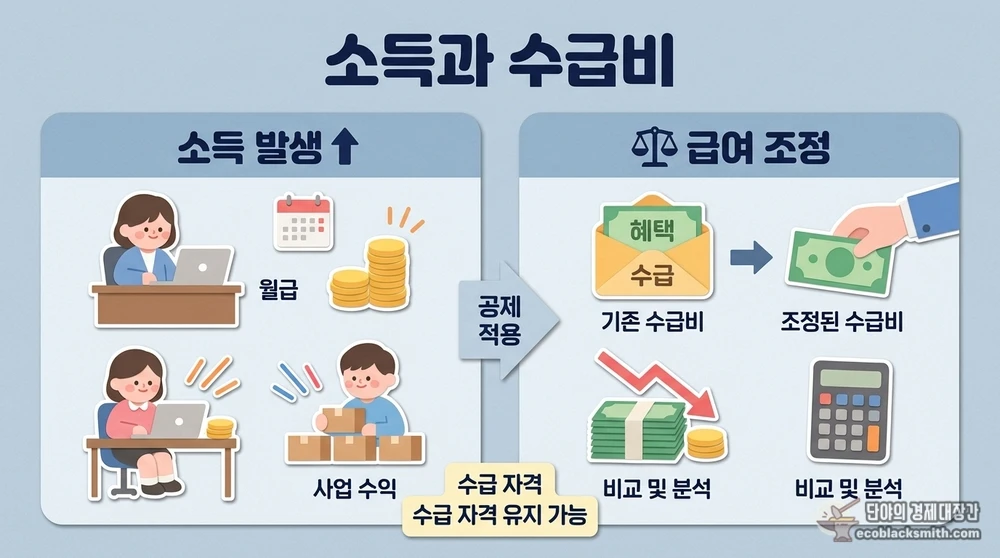 배달 소득 발생 시 소득공제 적용과 수급비 조정 구조