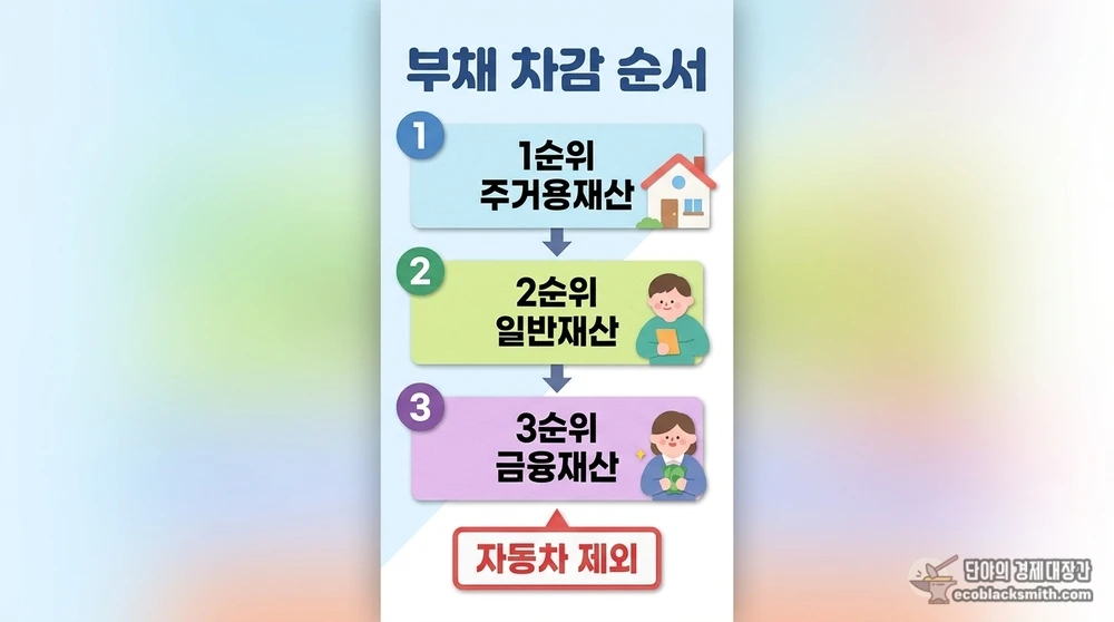 주거용재산부터 금융재산까지 이어지는 부채 차감 우선순위 단계별 흐름도