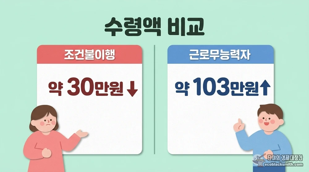 조건불이행과 근로무능력자 판정에 따른 생계급여 수령액 차이 비교