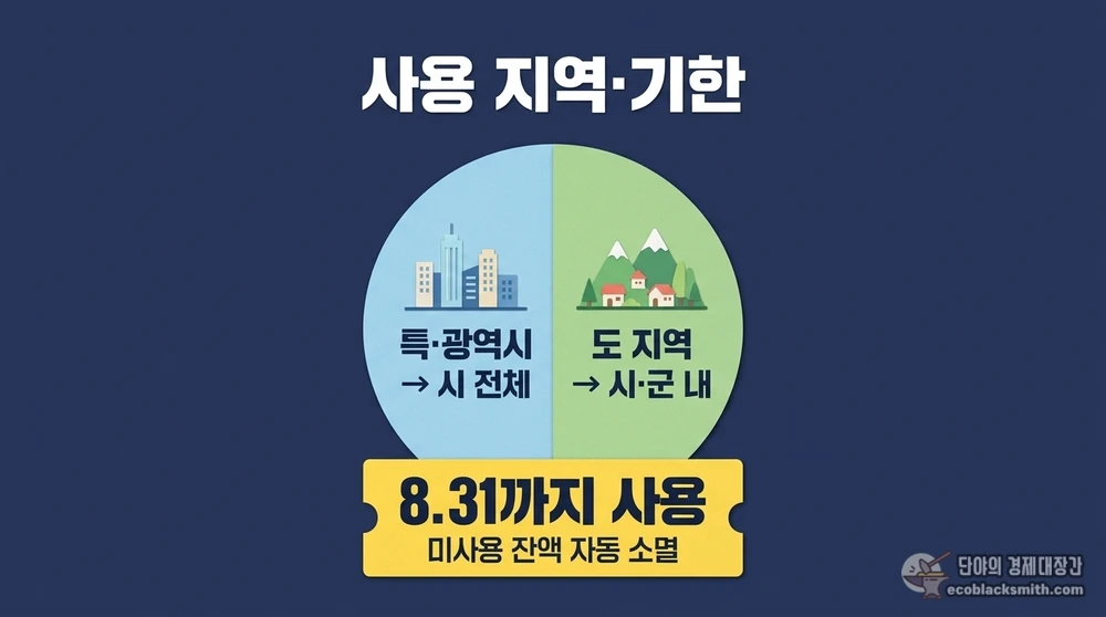 고유가 피해지원금 사용 가능 지역 기준과 8월 31일 사용 기한을 도식화한 안내