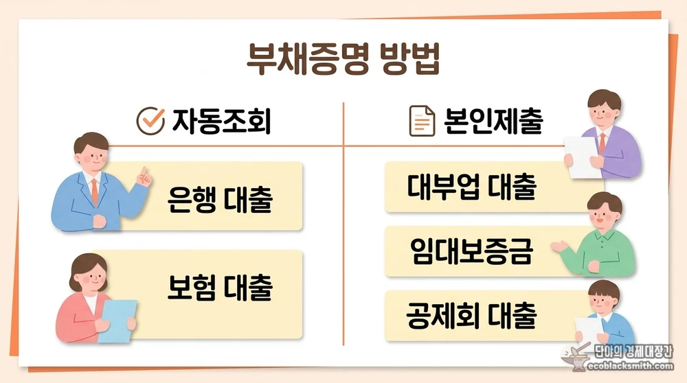 기초수급자 부채증명을 위한 자동조회 항목과 본인제출 서류를 비교한 안내
